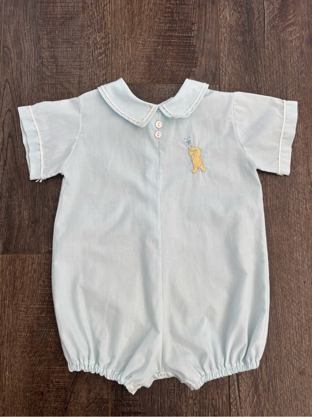 Vintage Alexis Blue White Boys Bubble Romper Embroidered Bear Size 6/9 Months